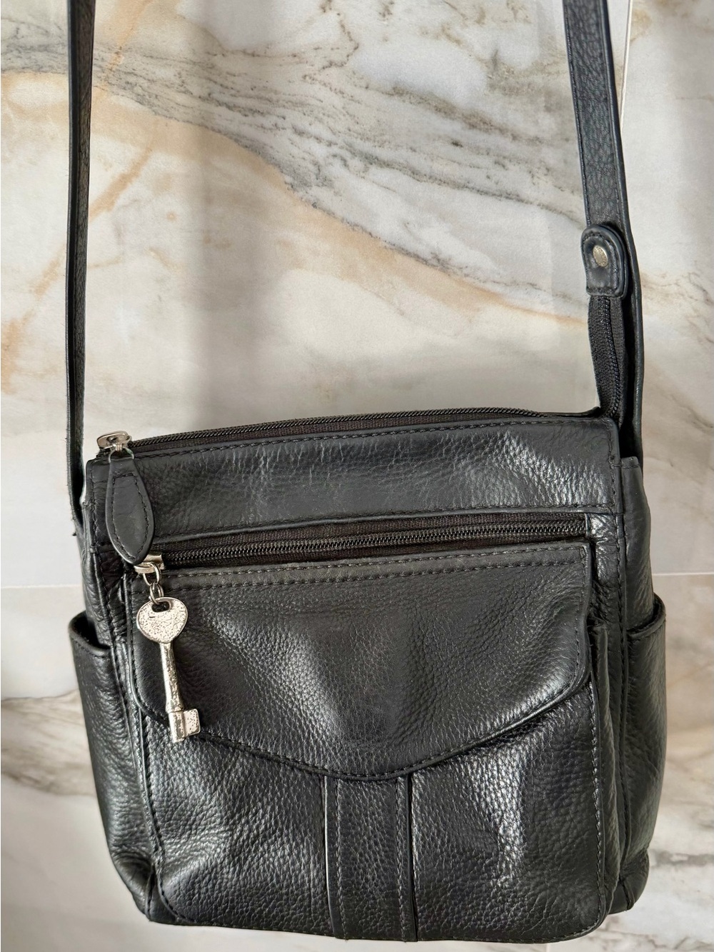 Fossil 1954 Vintage Black Leather Crossbody Bag with Key Charm